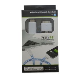 Кабель USB Apple iPhone 2/3/4 плоский светящийся <бело-синий>