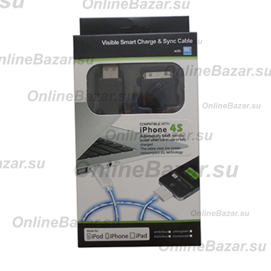 Кабель USB Apple iPhone 2/3/4 плоский светящийся <черно-синий> ― Spb.OnlineBazar.su