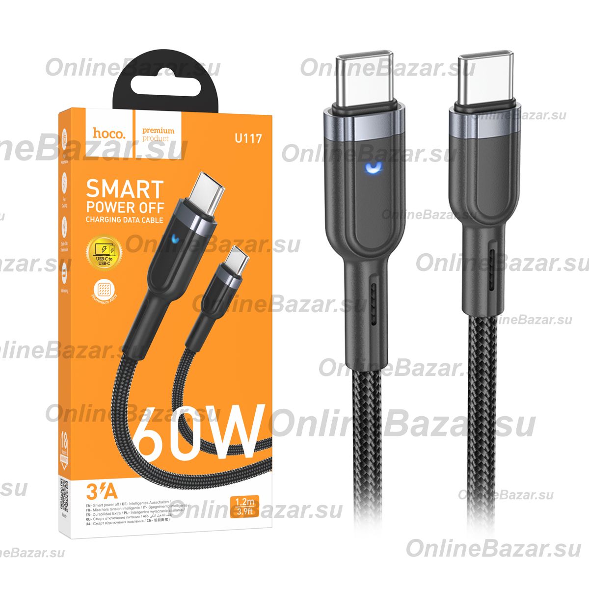 Кабель USB-C Type-C Hoco U117 (60W/интеллектуальное отключение) <черный> ― Spb.OnlineBazar.su