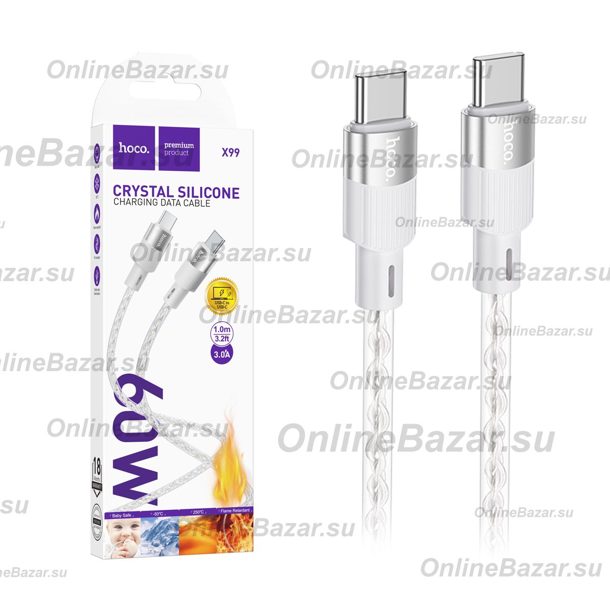 Кабель USB-C Type-C Hoco X99 (3A/60W/PD/прозрачный силикон/термостойкий) <серый> ― Spb.OnlineBazar.su