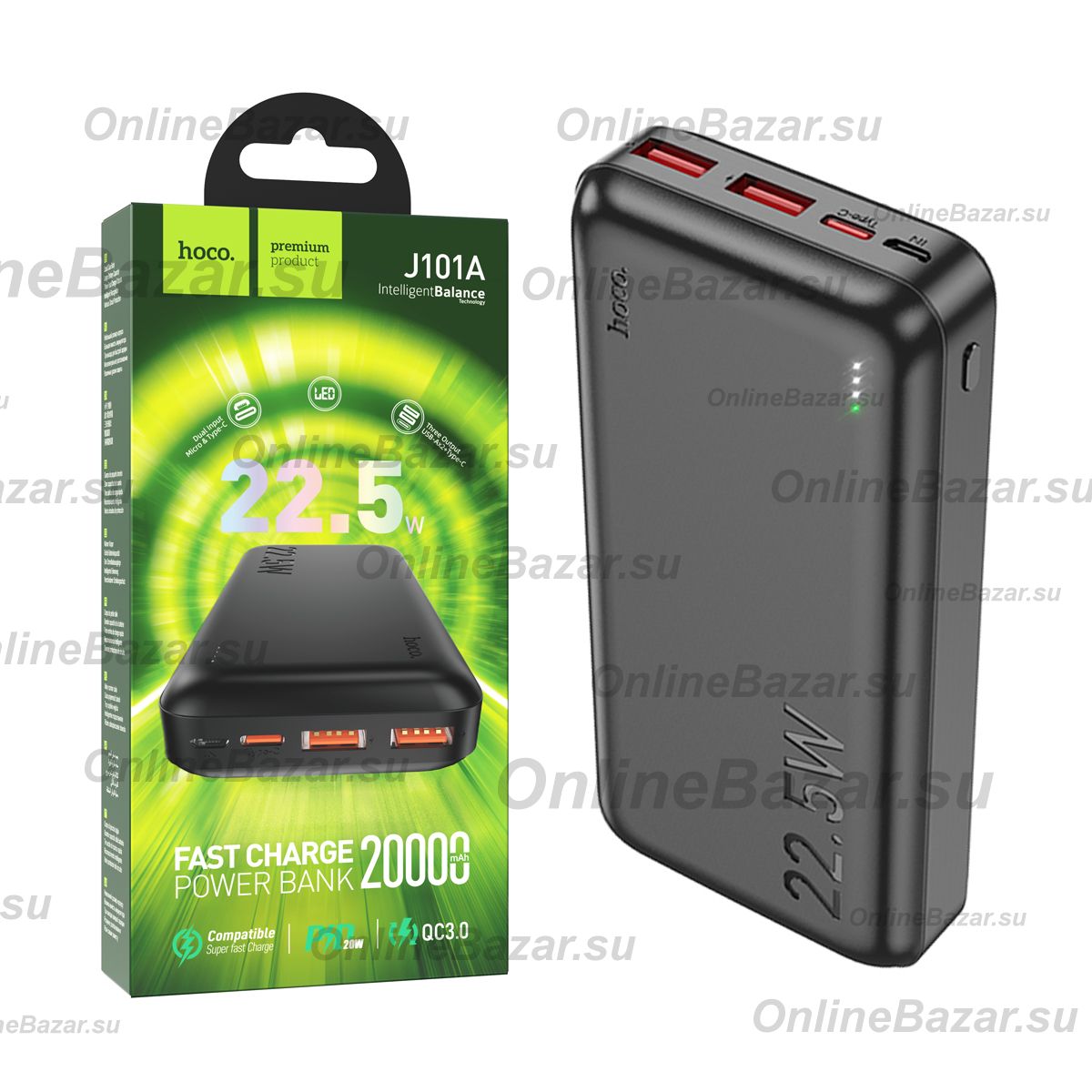 Внешний аккумулятор USB Hoco J101A (20000 mAh/22.5W/2USB/порт USB-C PD/QC3.0) <черный> ― Spb.OnlineBazar.su